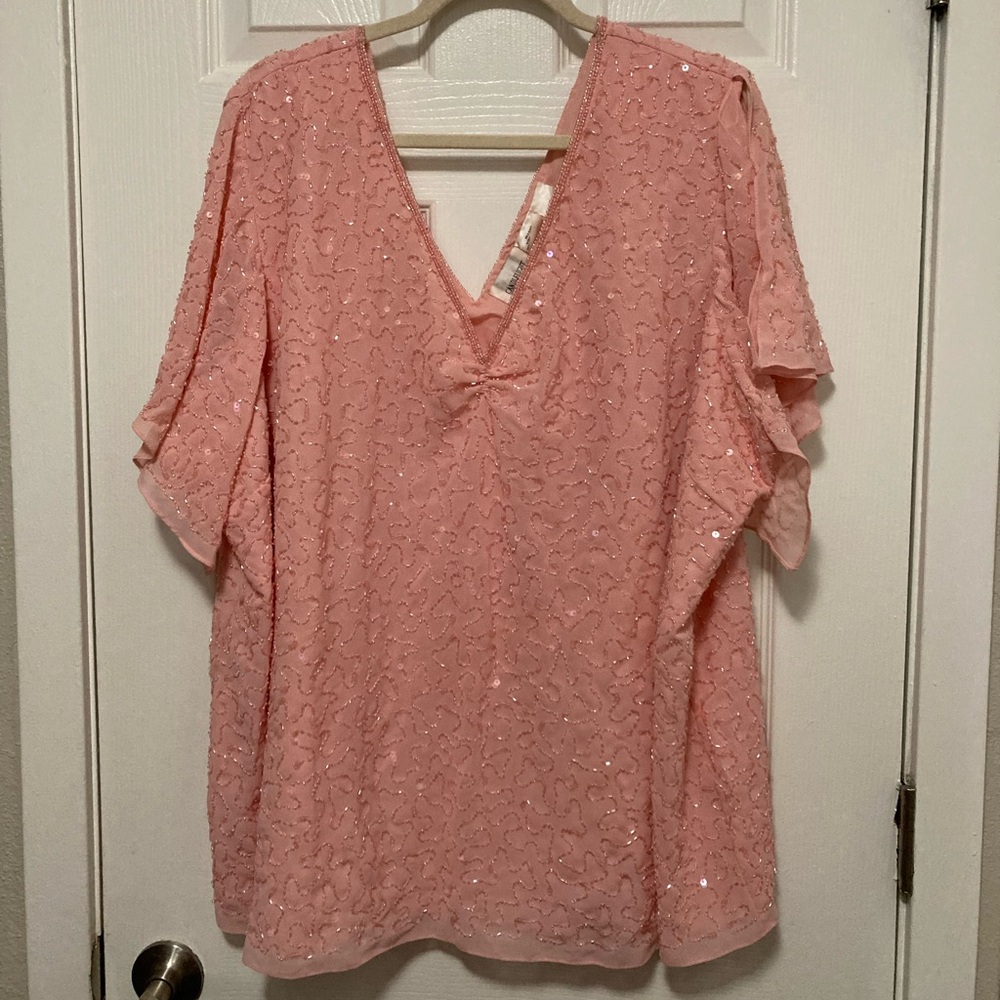 *Candlelight & Champagne Light Peach Vintage V Neck  Beaded Sequin Blouse Top #D